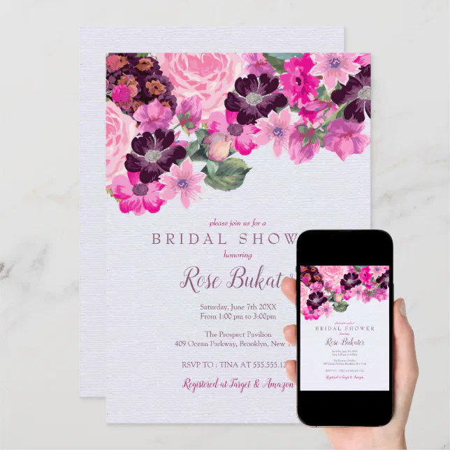 Fuchsia and Plum Floral Bridal Shower Invitation Zazzle