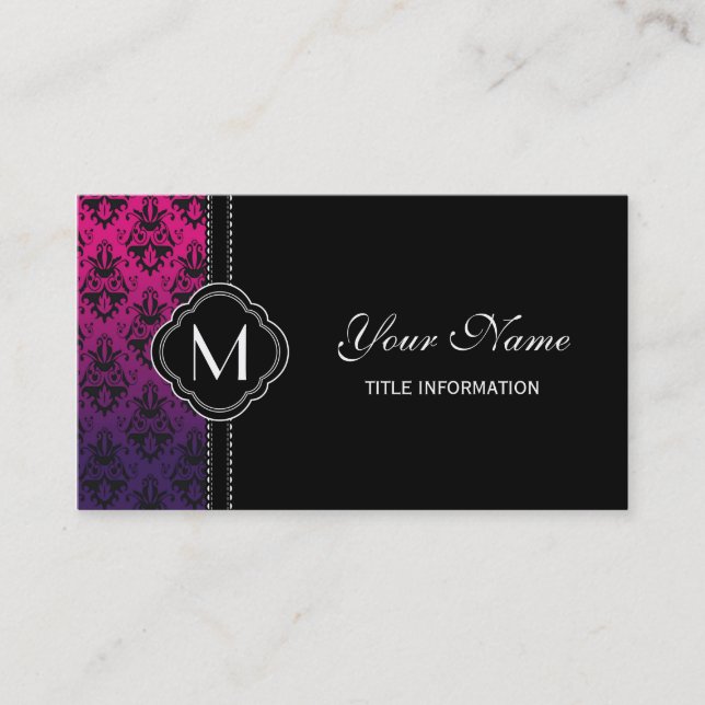 Fuchsia and Purple Damask Pattern Business Card (Front)
