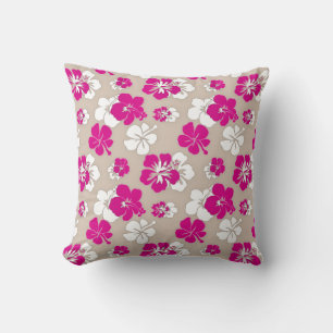 Fuchsia and Sand Hibiscus Throw Pillow