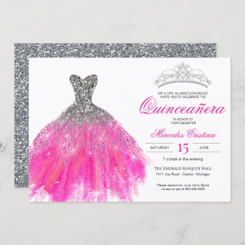 Fuchsia and Silver Glitter Glam Gown Quinceaera Invitation