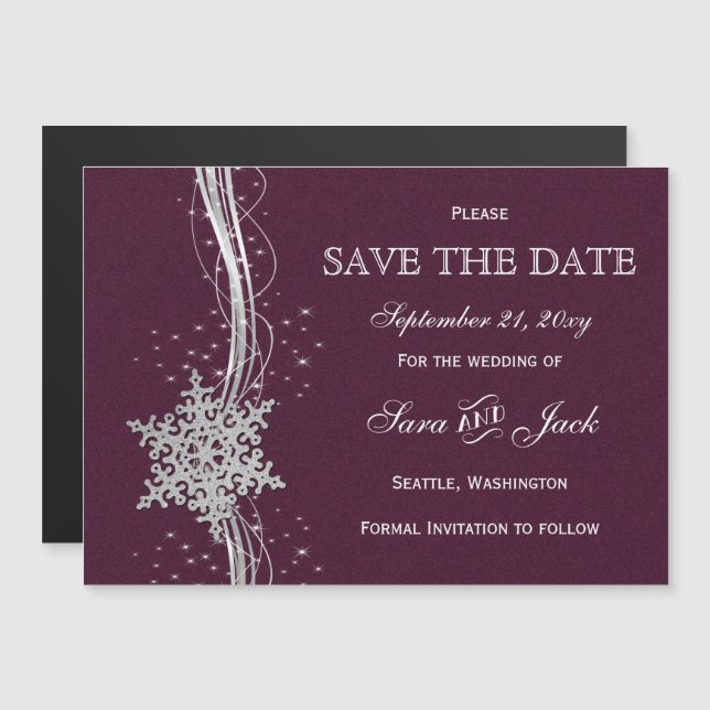 fuchsia and silver winter wedding invitations (Front/Back)