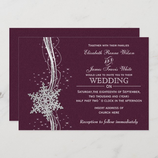 fuchsia and silver winter wedding invitations (Front/Back)