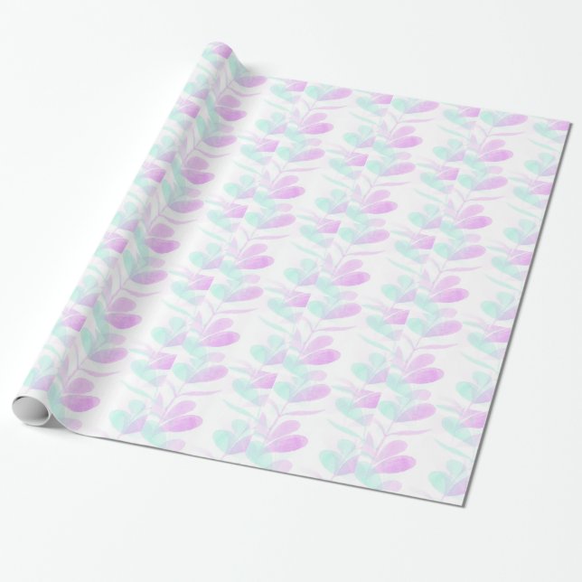 Fuchsia and Turoquoise Leaves Wrapping Paper (Unrolled)
