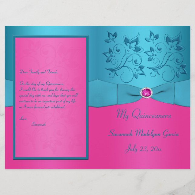 Fuchsia and Turquoise Floral Quinceanera Program (Front)