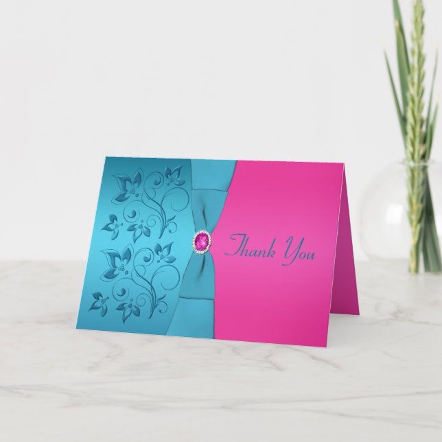 Fuchsia and Turquoise Floral Thank You Card (Front)