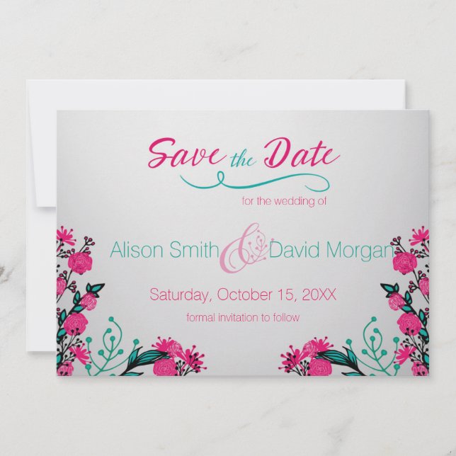 Fuchsia and Turquoise Wedding Save the date (Front)
