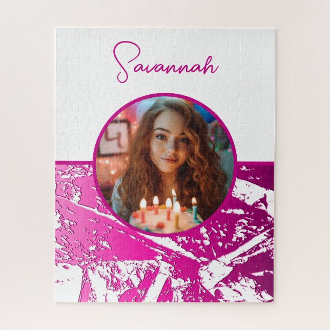 Fuchsia and White Custom Photo with Name Jigsaw Puzzle (Vertical)