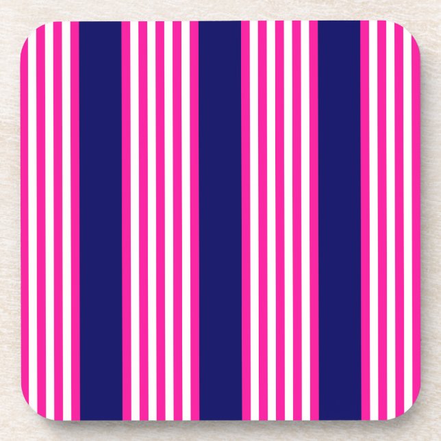 Fuchsia and white five stripes pattern with blue beverage coaster (Front)