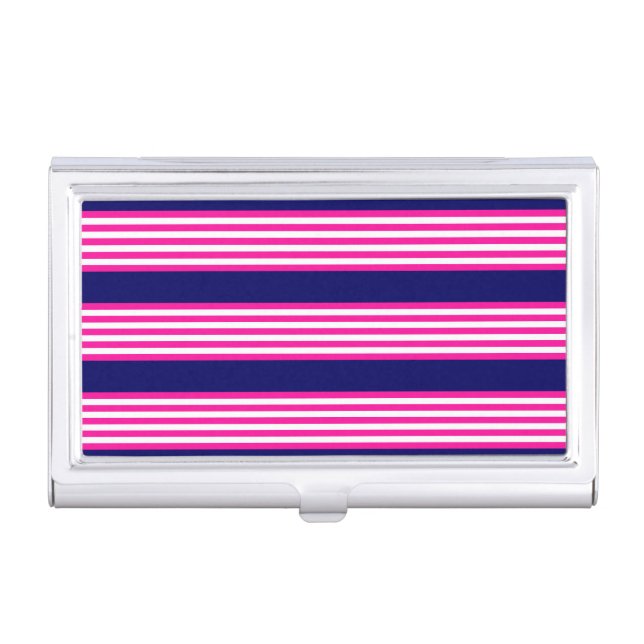 Fuchsia and white five stripes pattern with blue business card case (Front)