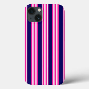 Fuchsia and white five stripes pattern with blue iPhone 13 case