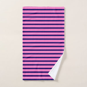 Fuchsia and white five stripes pattern with blue hand towel
