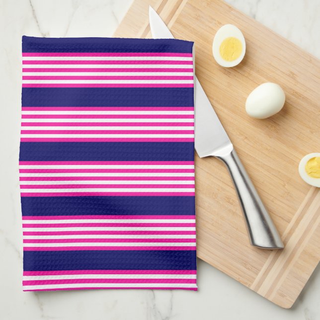 Fuchsia and white five stripes pattern with blue kitchen towel (Quarter Fold)