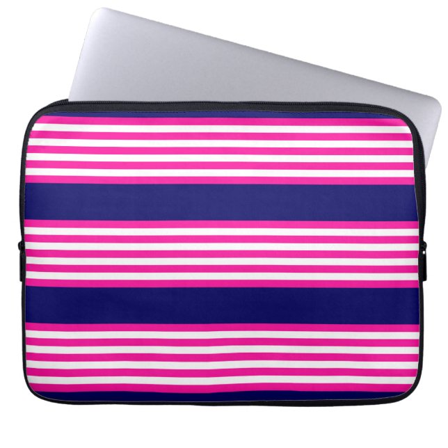 Fuchsia and white five stripes pattern with blue laptop sleeve (Front)