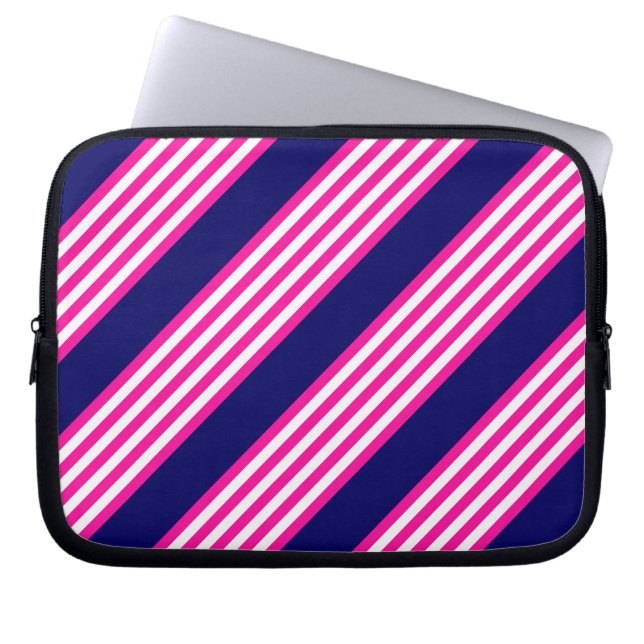 Fuchsia and white five stripes pattern with blue laptop sleeve (Front)