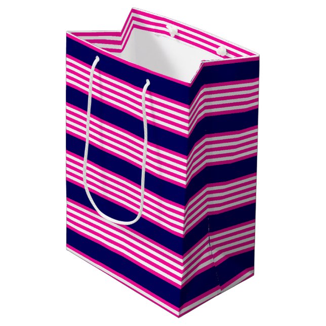Fuchsia and white five stripes pattern with blue medium gift bag (Front Angled)