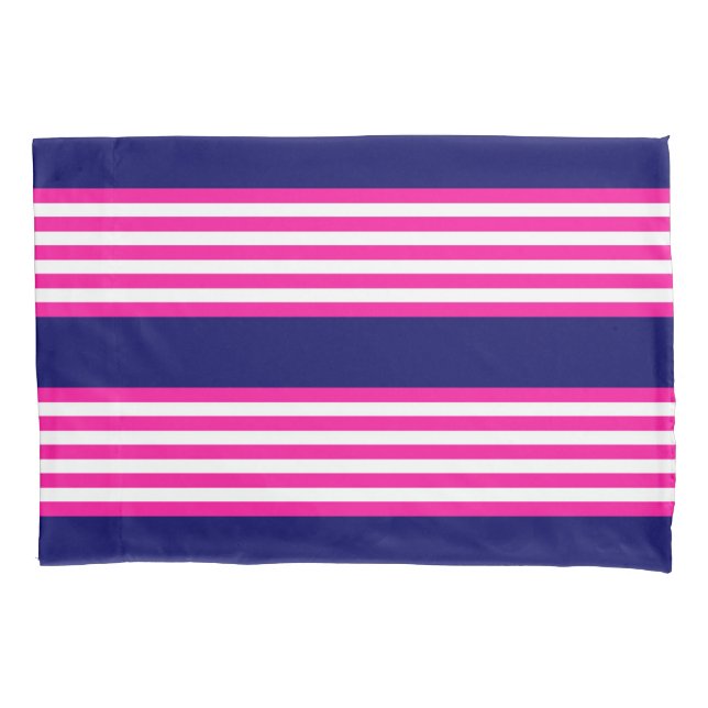 Fuchsia and white five stripes pattern with blue pillow case (Front)
