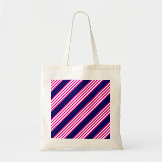 Fuchsia and white five stripes pattern with blue tote bag (Front)