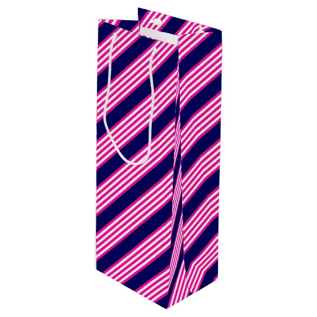Fuchsia and white five stripes pattern with blue wine gift bag (Front Angled)