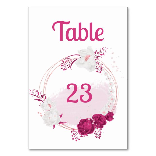 fuchsia and white flowers botanical wreath table number (Front)