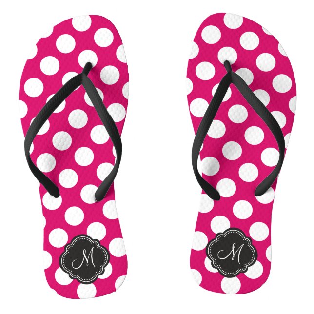 Fuchsia and White Polka Dots with Monogram Flip Flops (Footbed)