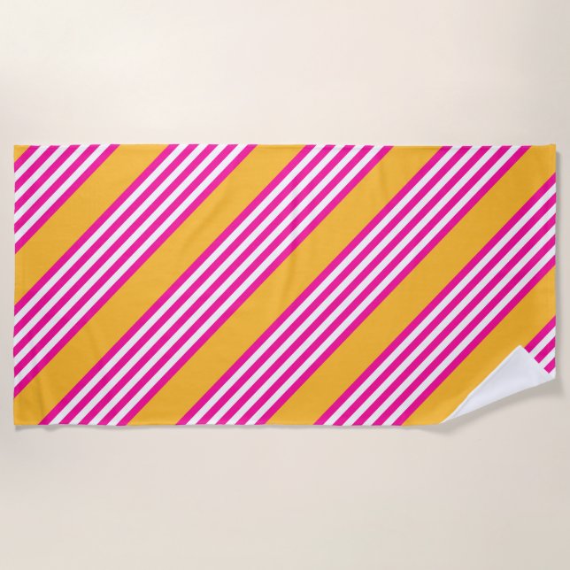 Fuchsia and yellow five stripes pattern beach towel (Front)