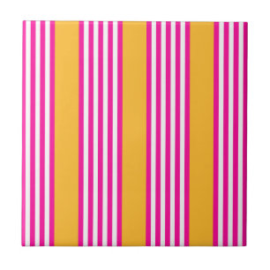 Fuchsia and yellow five stripes pattern ceramic tile