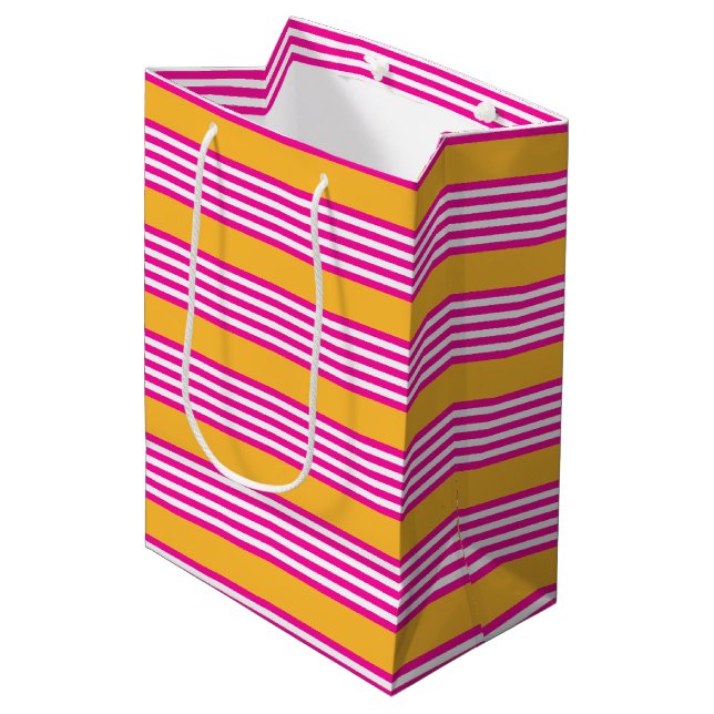 Fuchsia and yellow five stripes pattern medium gift bag (Front Angled)