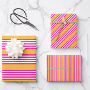 Fuchsia and yellow five stripes pattern wrapping paper sheets