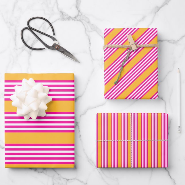Fuchsia and yellow five stripes pattern wrapping paper sheets (Front)