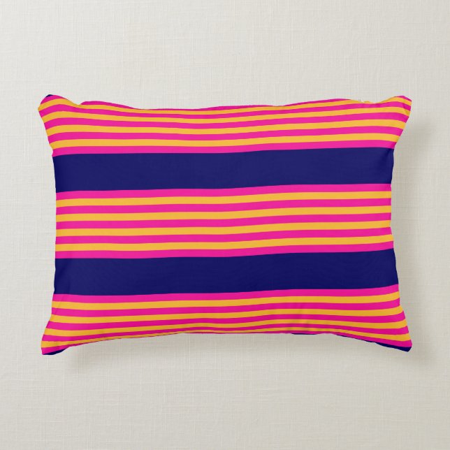 Fuchsia and yellow stripes with navy blue accent pillow (Front)