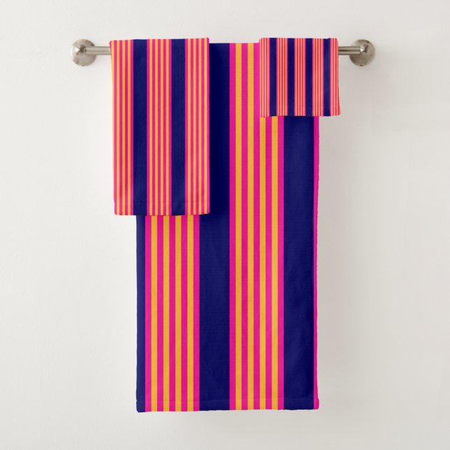 Fuchsia and yellow stripes with navy blue bath towel set (Insitu)