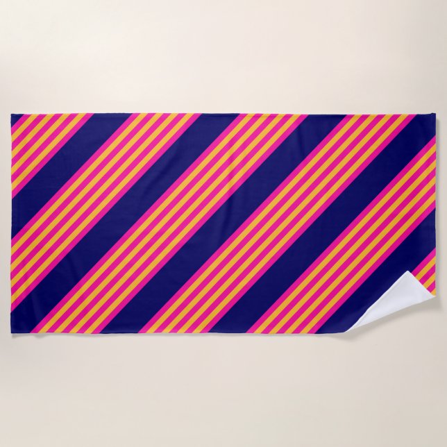 Fuchsia and yellow stripes with navy blue beach towel (Front)
