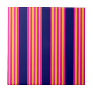 Fuchsia and yellow stripes with navy blue ceramic tile