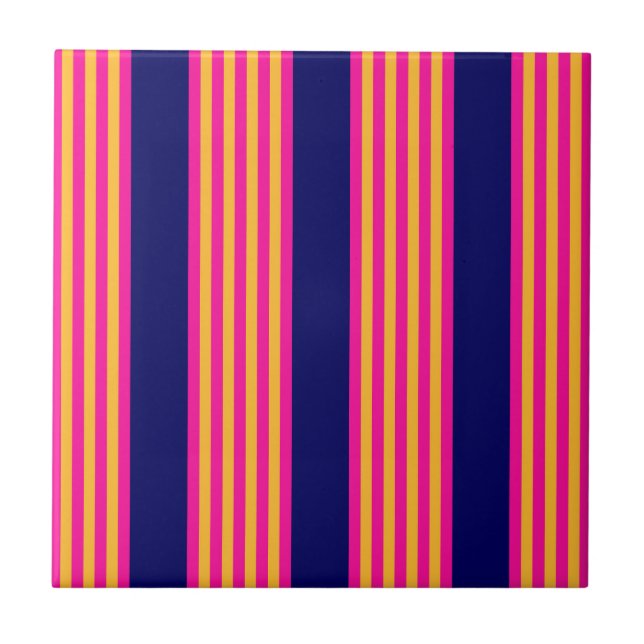 Fuchsia and yellow stripes with navy blue ceramic tile (Front)