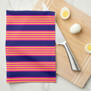 Fuchsia and yellow stripes with navy blue kitchen towel