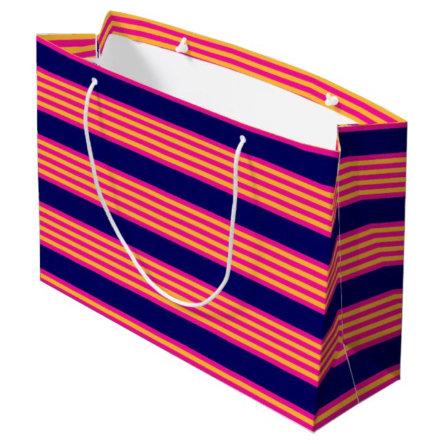 Fuchsia and yellow stripes with navy blue large gift bag (Back Angled)