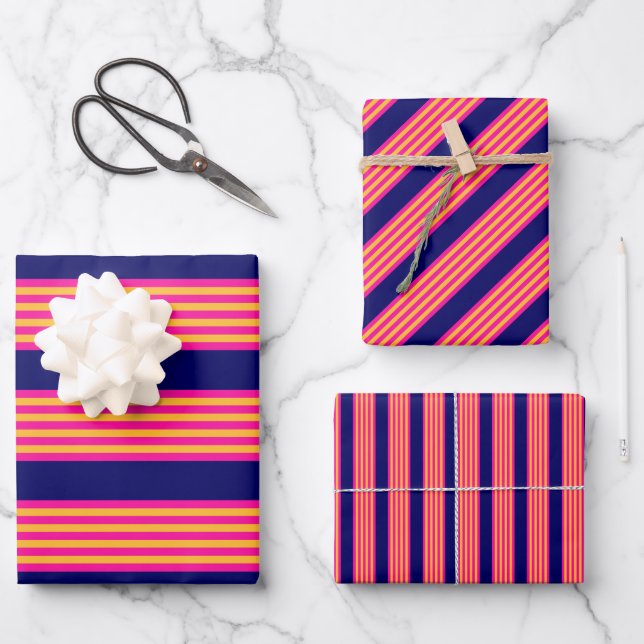 Fuchsia and yellow stripes with navy blue wrapping paper sheets (Front)