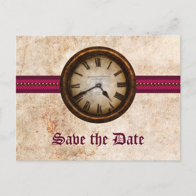 Fuchsia Antique Clock Save the Date Postcard (Front)