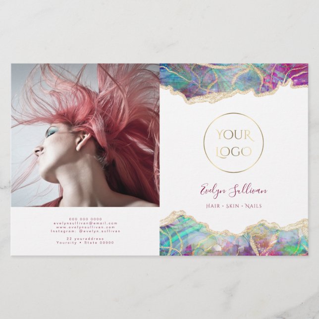 Fuchsia aquamarine opal design bifold brochure (Front)