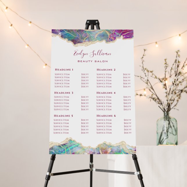 Fuchsia Aquamarine Opal Design Price List Foam Board (In Situ (Stand))