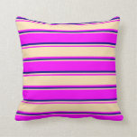 [ Thumbnail: Fuchsia, Beige, and Blue Colored Lined Pattern Throw Pillow ]