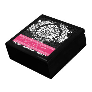 Fuchsia Black and White Damask Wedding Anniversary Keepsake Box
