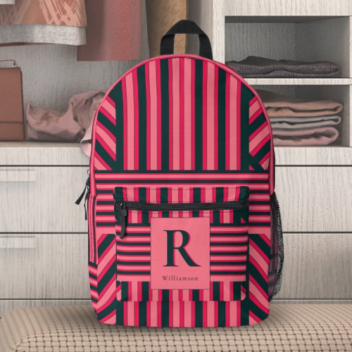 Fuchsia Black Art Deco Chevron Stripe Monogram Printed Backpack
