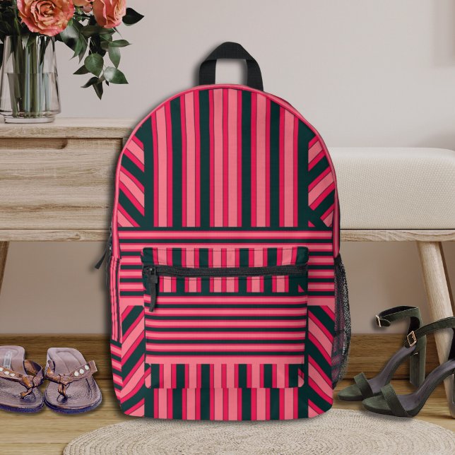 Fuchsia Black Art Deco Chevron Stripe Pattern Printed Backpack (Creator Uploaded)