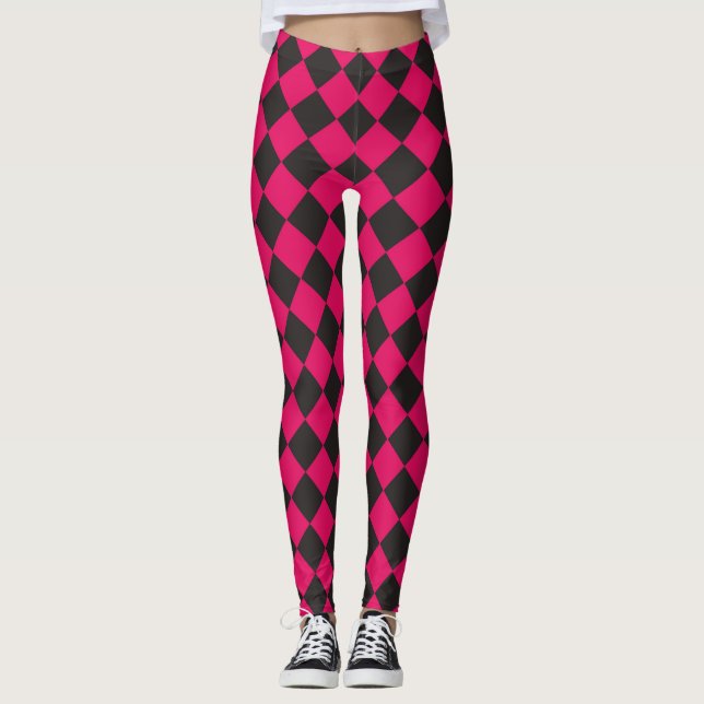 Fuchsia Black Checker Diamond Pattern  Leggings (Front)