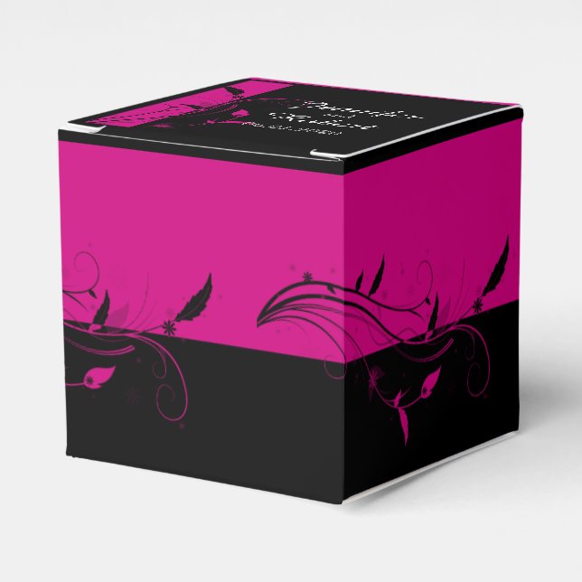 Fuchsia Black Floral Filigree Wedding Favor Box (Front Side)