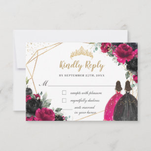 Fuchsia Black Floral Twins Quinceañera XV Reply RSVP Card