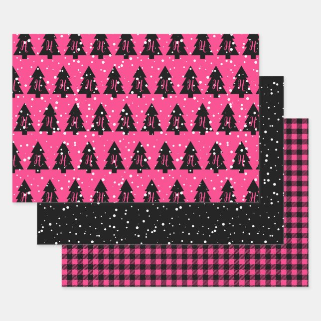 Fuchsia & Black Monogram Wrapping Paper Sheets (Set)