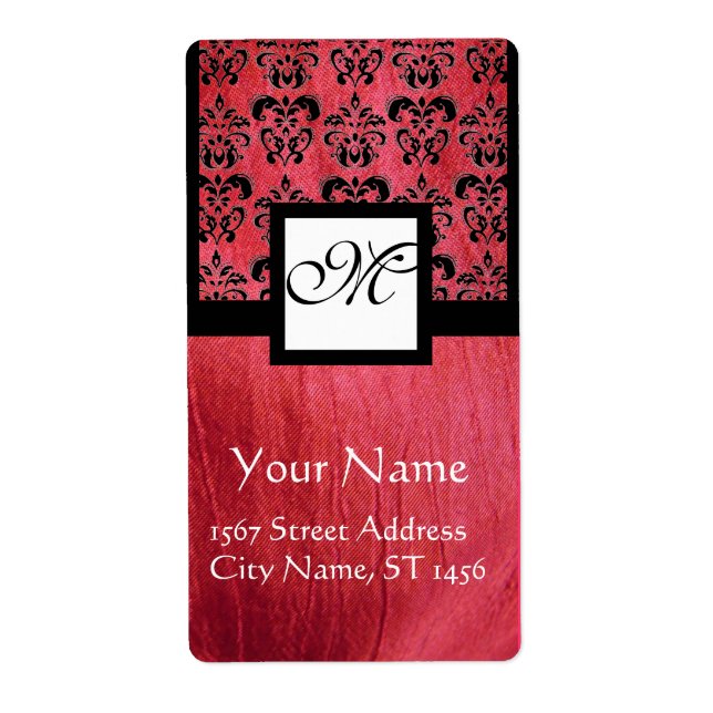 FUCHSIA BLACK PINK SILK DAMASK, SQUARE MONOGRAM LABEL (Front)