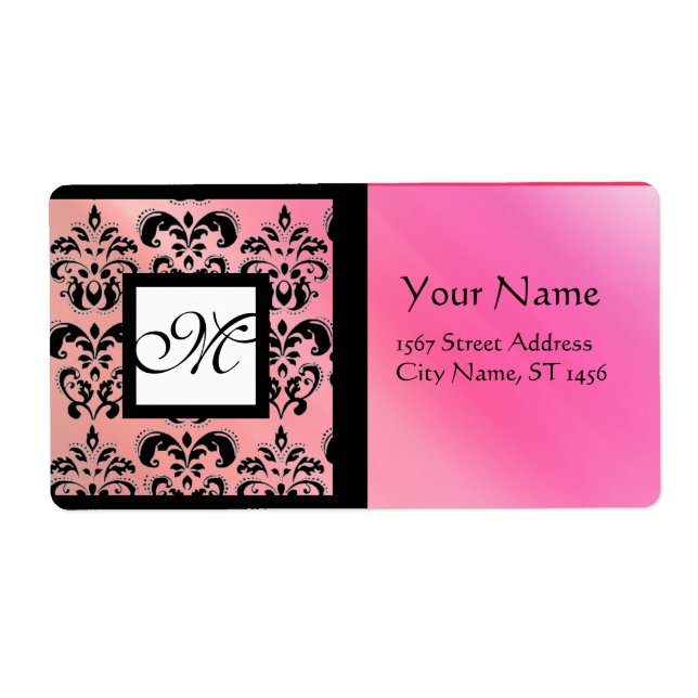 FUCHSIA BLACK PINK SILK DAMASK, SQUARE MONOGRAM LABEL (Front)